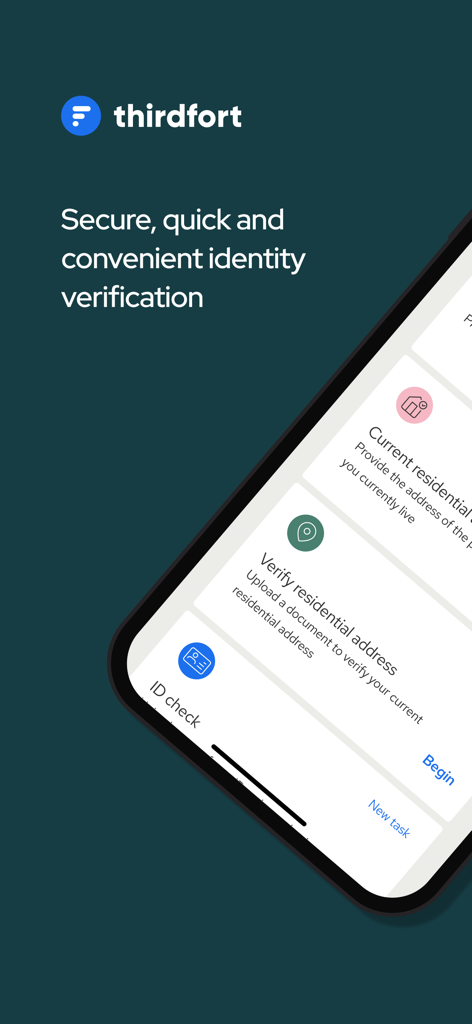 Thirdfort mobile App-Oberfläche, die sichere Identitätsprüfungs- und Adressprüfungsaufgaben anzeigt