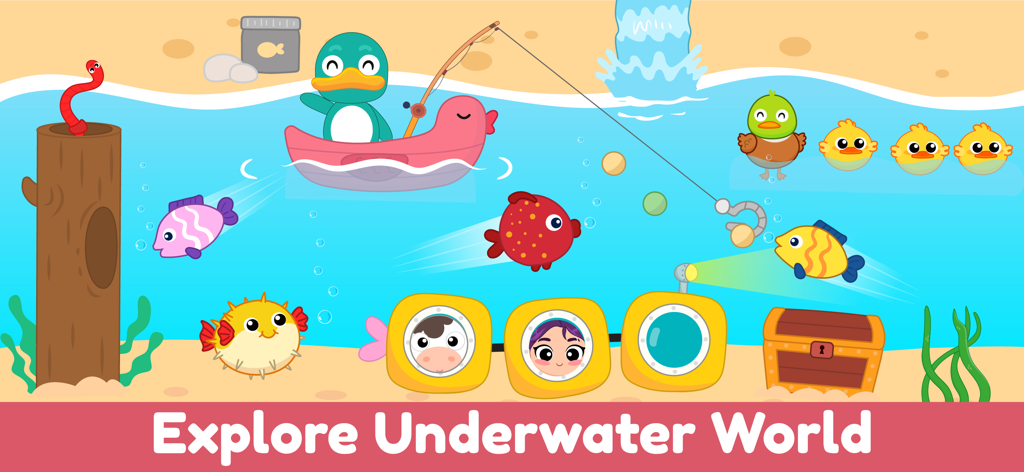 My Little Farm Game Kids World - Una colorata scena sottomarina dei cartoni animati con un'anatra in una barca, un sottomarino giallo e varie creature marine amichevoli.