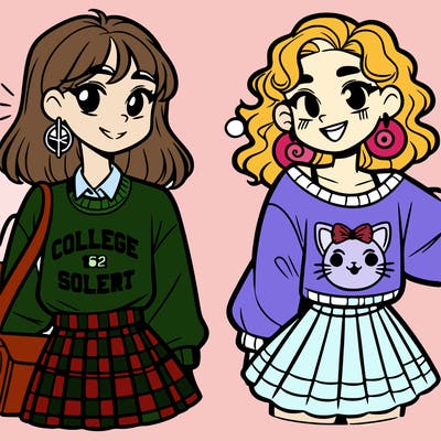 a teen girl with a college sweater and skirt with her friend who has curly hair and she has big earrings
