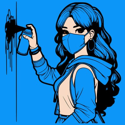 realistic girl with mask spray painting a wall