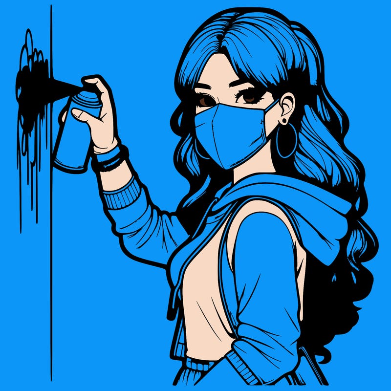 realistic girl with mask spray painting a wall