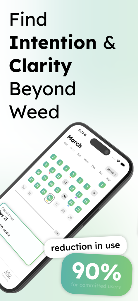 Clear30: Quit Smoking Weed - Clear30 app interface showing a sobriety progress calendar and a 90 percent use reduction statistic