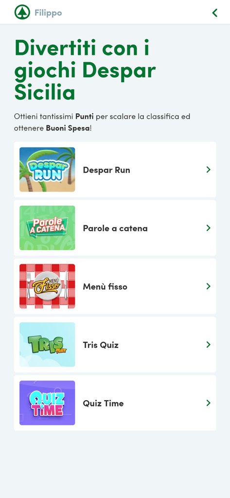 Despar Sicilia - Despar Sicilia app screen showing a list of mini games to earn loyalty points and shopping vouchers