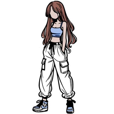 girl in baggy pants crop top and long hair