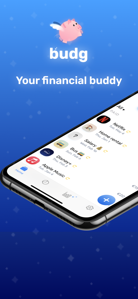 Budg app interface showing subscription tracking and expense management on a smartphone