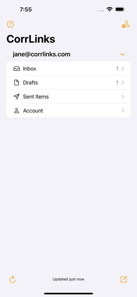 Main menu of the CorrLinks app showing inbox and messaging options.