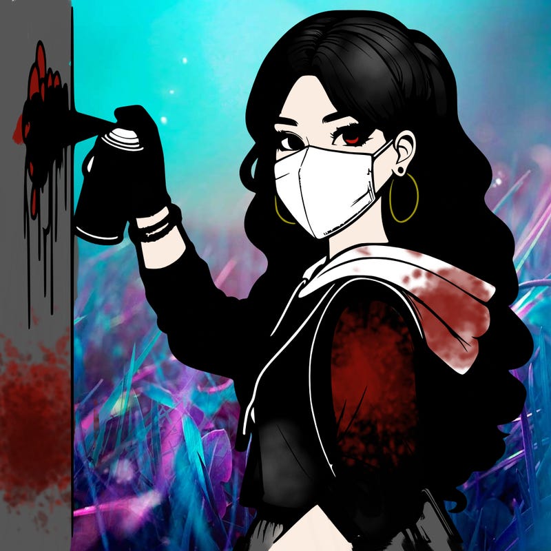 realistic girl with mask spray painting a wall