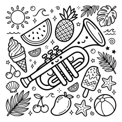 Get ready for a delightful summer coloring adventure with this adorable Kawaii Trumpet! This charming page is packed with sun, sweet treats, and tropical vibes, perfect for a relaxing creative escape.