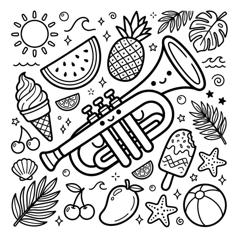 Get ready for a delightful summer coloring adventure with this adorable Kawaii Trumpet! This charming page is packed with sun, sweet treats, and tropical vibes, perfect for a relaxing creative escape.