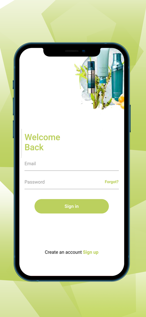 Oriflame Nepal - Welcome back login screen of the Oriflame Nepal app with sign in fields and skincare products