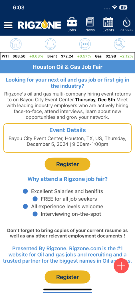 Rigzone app screen showing details and registration for a Houston Oil and Gas Job Fair including real time oil price ticker