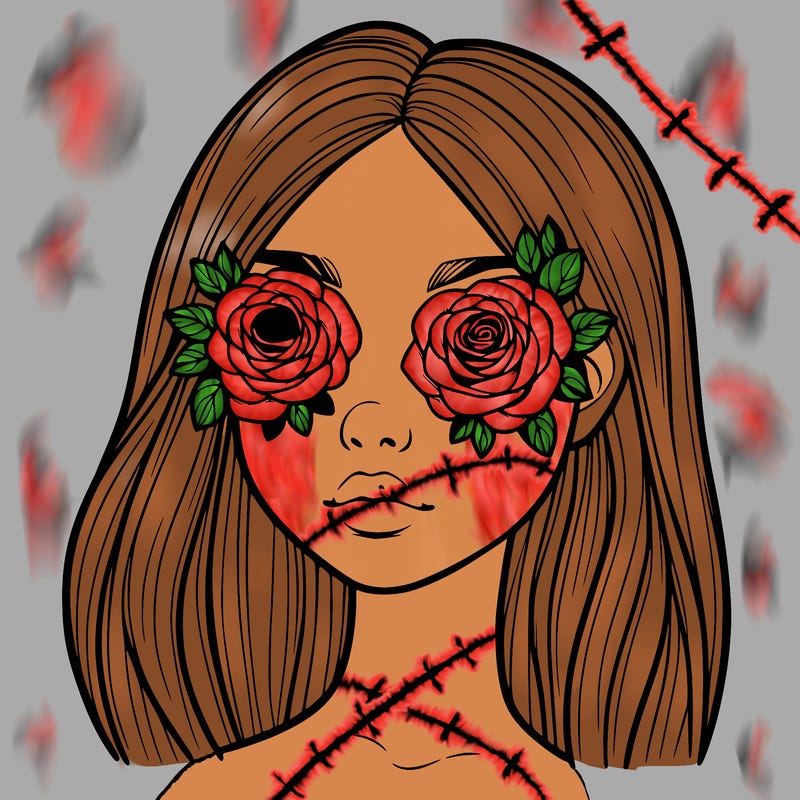 a realistic girl with roses for eyes