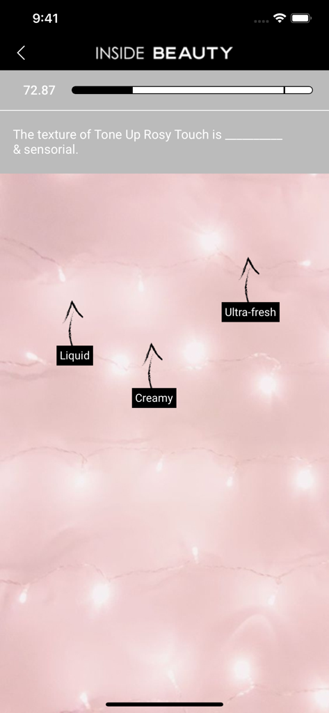 Inside Beauty - Quiz de formação interativo da aplicação Inside Beauty sobre a textura de produtos cosméticos.