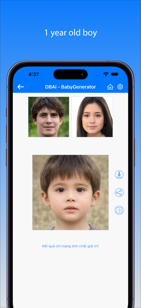 Interface de l'application BabyGenerator montrant le visage prédit d'un garçon d'un an basé sur les photos de deux parents.