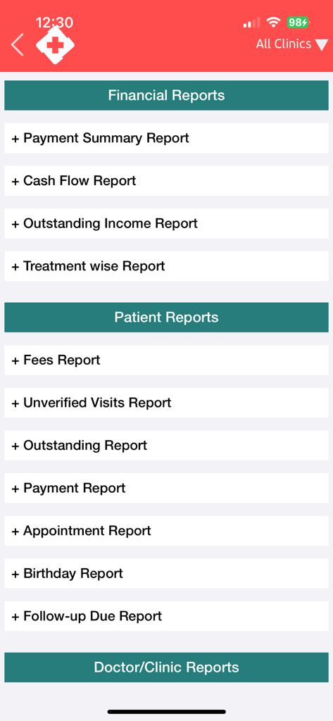 Oberfläche der Clinicia-App mit einer Liste von Finanz- und Patientenberichten für medizinische Kliniken