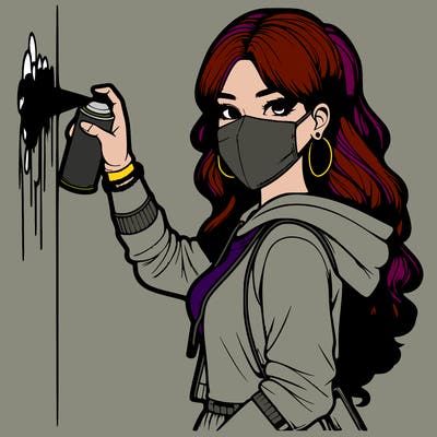 realistic girl with mask spray painting a wall