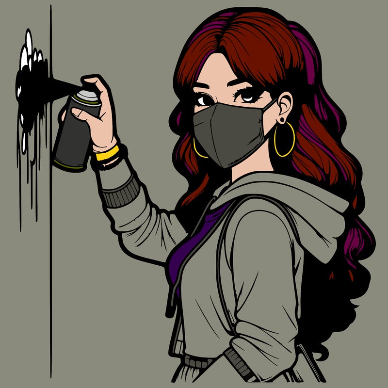 realistic girl with mask spray painting a wall