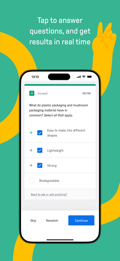 Edpuzzle - Interfaz de una aplicación móvil de Edpuzzle que muestra una pregunta de opción múltiple respondida correctamente sobre materiales de embalaje con retroalimentación instantánea.