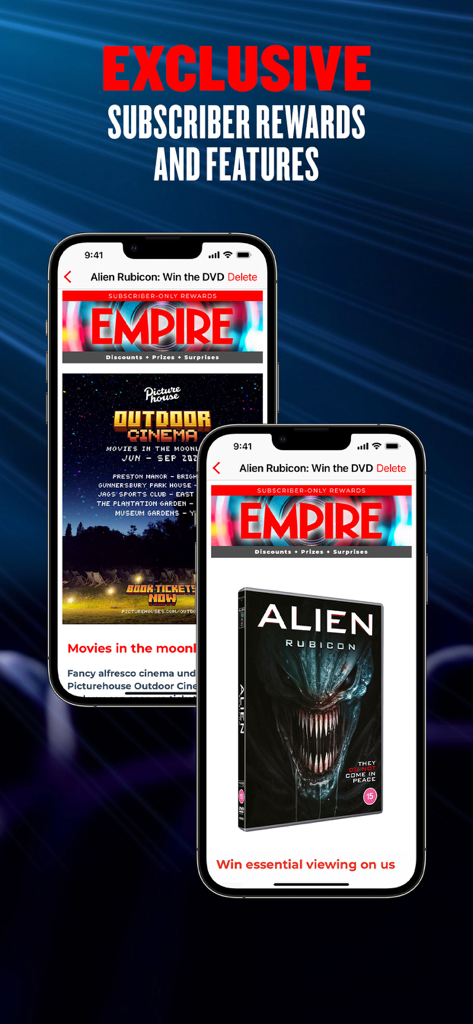 Empire Magazine - Zwei iPhones, die exklusive Abonnenten-Belohnungen und Film-Features in der Empire Magazine App zeigen.