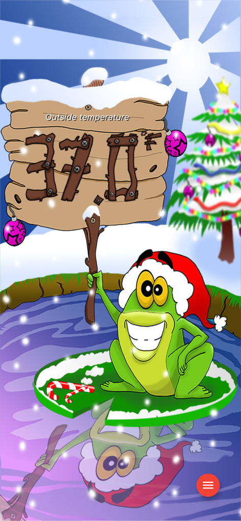 @Thermometer - A cartoon frog wearing a Santa hat holding a wooden sign that displays thirty seven degrees Fahrenheit in a snowy winter setting.