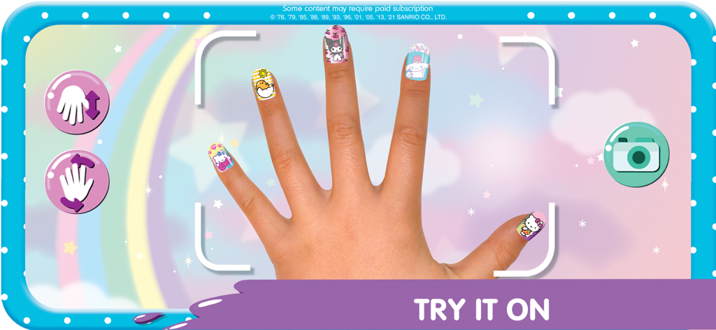 A hand with virtual Hello Kitty nail art using the try on camera feature