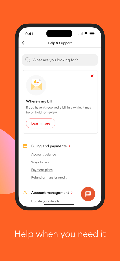 Origin Energy app Help and Support screen showing billing questions and account management options