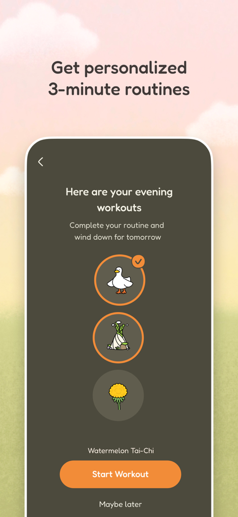Quabble: Daily Mental Health - Quabble app screen showing personalized 3-minute evening routines with a start workout button.