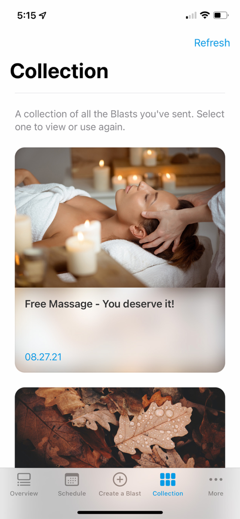 TouchMD Dashboard - for Staff - TouchMD Dashboard interface showing a collection of sent marketing blasts including a massage promotion for medical practice staff.