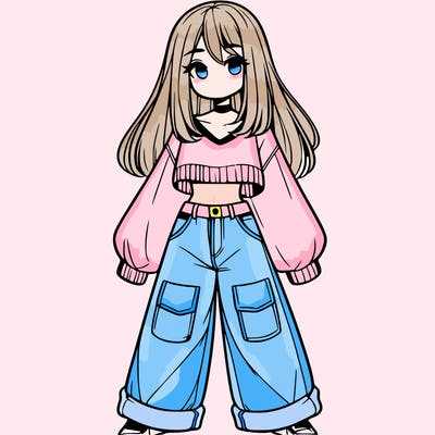 cute girl with straight hair in baggy jeans and a crop top and a sweater