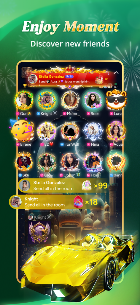 Sama Chat - Interfaz de Sama Chat que muestra una sala social interactiva con perfiles de usuario y un coche de lujo virtual dorado