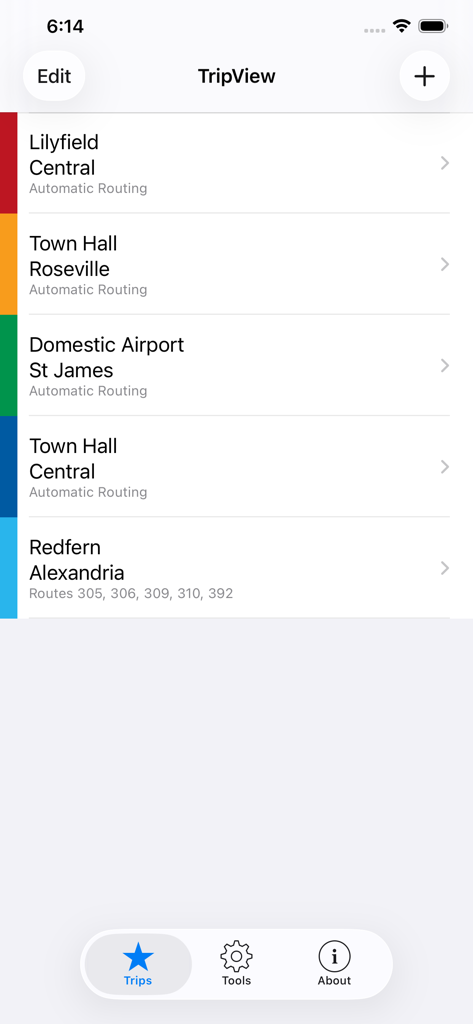 A list of saved public transport trips on the TripView app interface.
