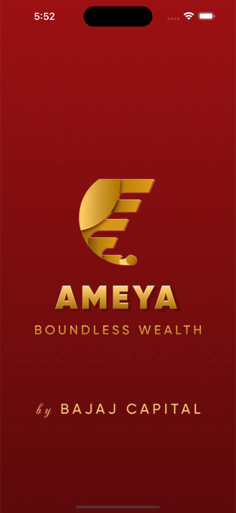 AMEYA - AMEYA app splash screen featuring the golden logo and Boundless Wealth tagline by Bajaj Capital