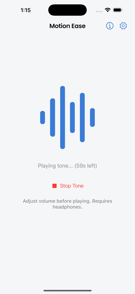 Interface de l'application Motion Ease montrant une session de ton auditif active avec une forme d'onde bleue et un compte à rebours.