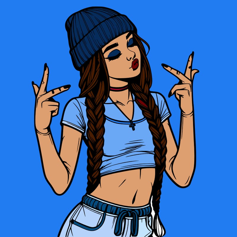 realistic teenage girl with braids and a beanie and crop top doing 🫶🏼