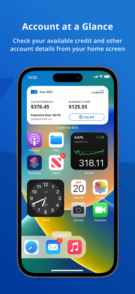 iPhone home screen displaying the Credit One Bank mobile app widget with account balance and payment due date