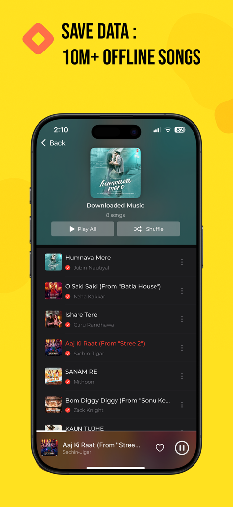Stube : Offline Music & Videos - Application Stube affichant une liste de lecture de musique téléchargée pour une écoute hors ligne avec un en-tête « Économiser les données ».