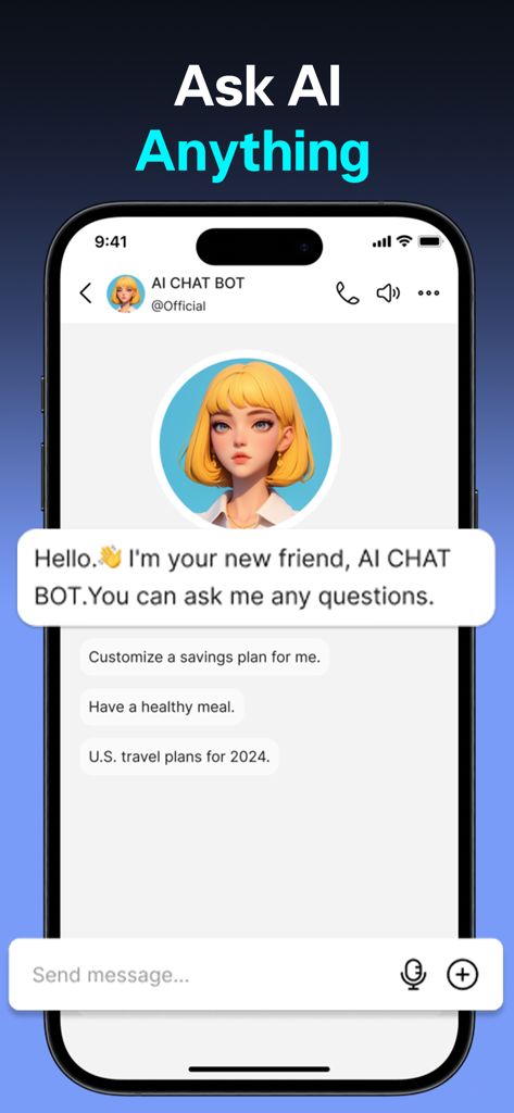 Music AI - Music Composer - Pantalla de smartphone que muestra la interfaz del chatbot de IA dentro de la aplicación Music AI donde los usuarios pueden hacer preguntas sobre viajes, comidas y más.