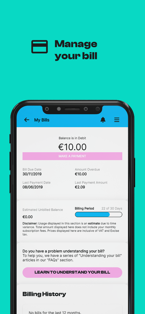 MyMelitaアプリの請求書管理画面には、アカウント残高、支払い期日、支払いオプションが表示されています