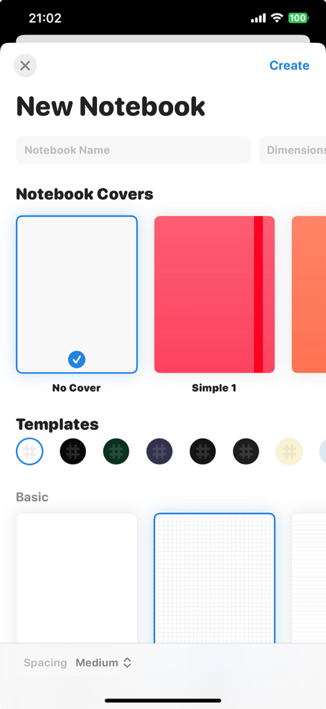 Notedrafts: Note Taking - The new notebook creation screen in Notedrafts showing options for notebook covers and page templates.