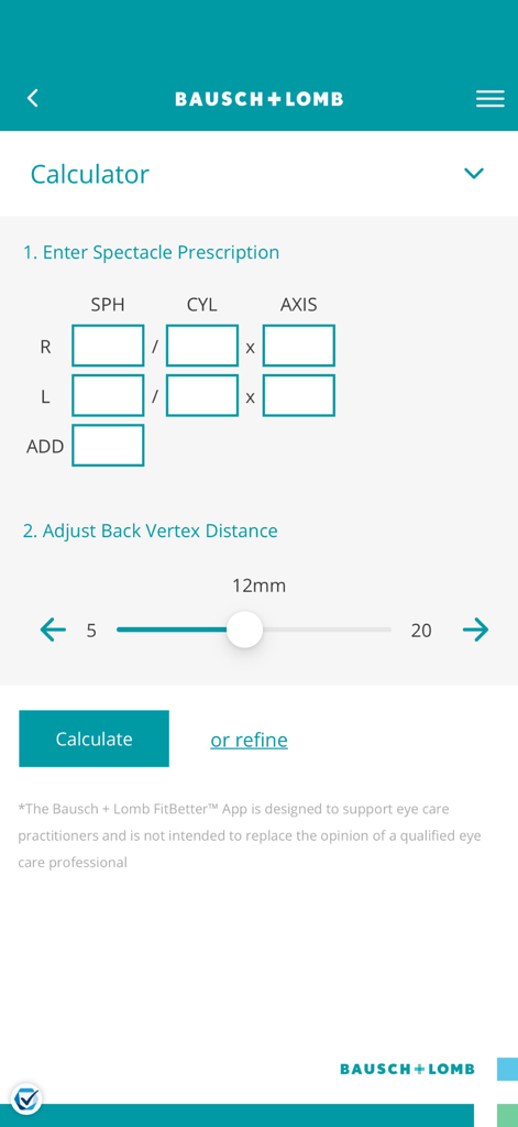 Bausch + Lomb FitBetter™ - Bausch and Lomb FitBetter app interface showing the contact lens fitting calculator with prescription input fields