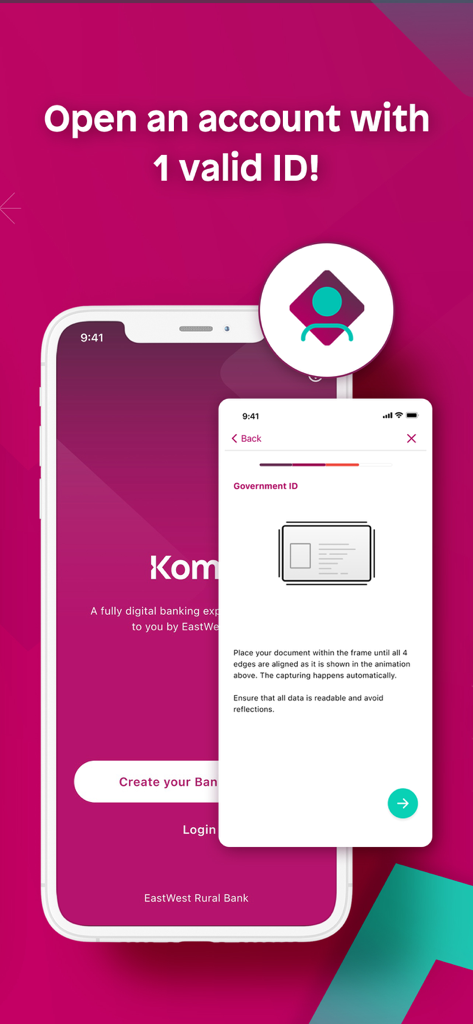 Komo by EastWest - Pantalla móvil que muestra la interfaz de la aplicación de banca digital Komo para abrir una cuenta bancaria digital usando una identificación válida