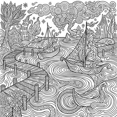 Embark on a vibrant coloring journey with this mesmerizing psychedelic river docks illustration. Discover a world where familiar sights transform into swirling, artistic wonders, waiting for your creative touch.