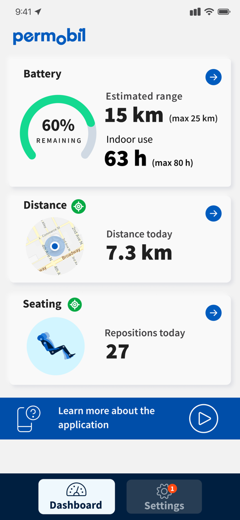 MyPermobil - Dashboard of the MyPermobil app showing wheelchair battery range and seating behavior data.