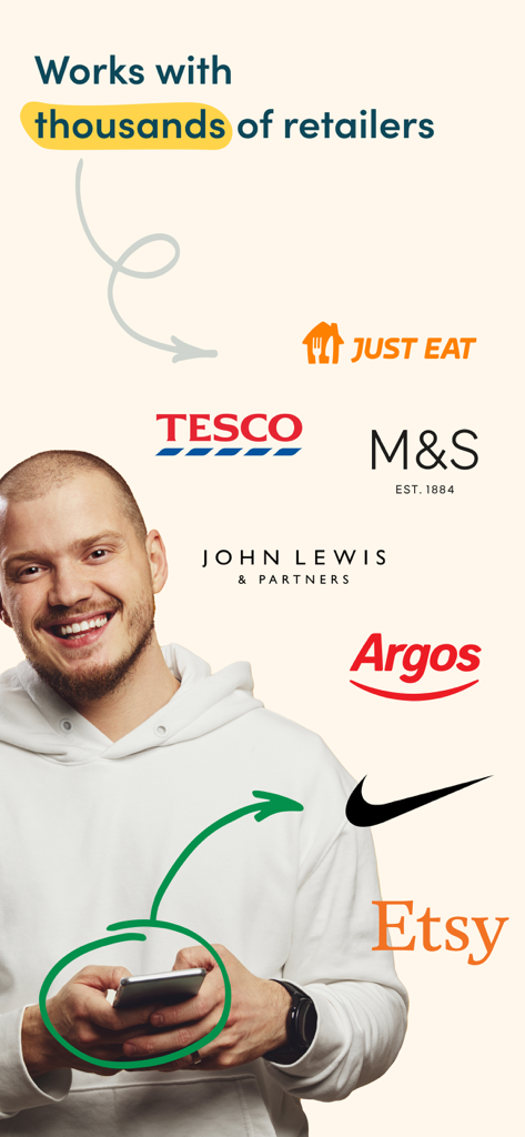 Easyfundraising - A man using a smartphone with logos of major retailers like Nike and Etsy showing the app works with thousands of brands.