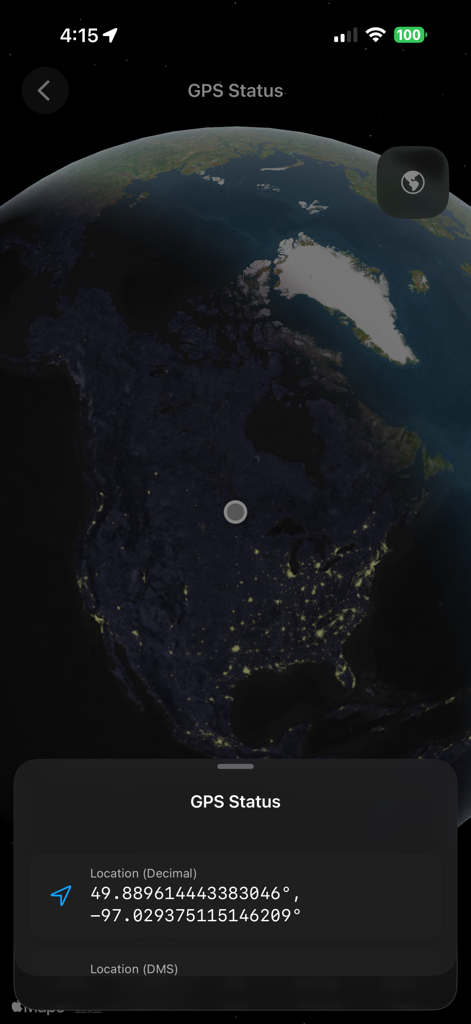 Lirum Device Info GPS status screen displaying precise location coordinates and a globe map