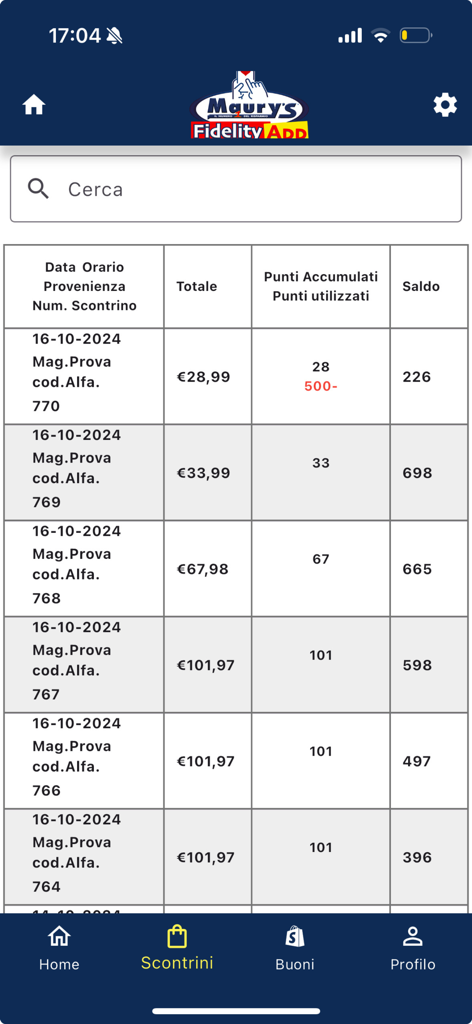 Maury's Fidelity - Table showing transaction history receipt totals and loyalty points balance in the Maurys Fidelity app