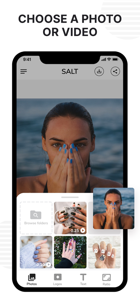 Watermark Maker App-Bildschirm, der die Foto- und Videoauswahlgalerie zur Markierung von Inhalten anzeigt