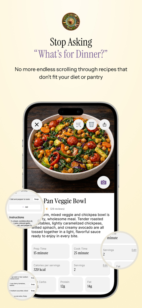 Recipe Roulette - Recipe Roulette app interface displaying a healthy veggie bowl recipe with nutritional information and cooking times