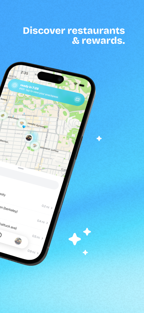Snackpass - A smartphone displaying the Snackpass app interface with a map of local restaurants and an order status notification under the heading Discover restaurants and rewards.
