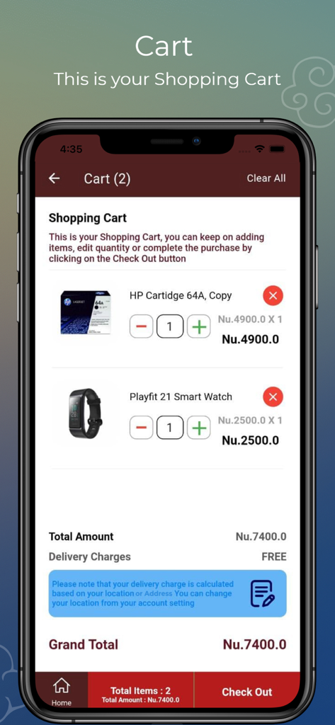 Shopping cart screen of the zala.bt app showing electronic products and total price